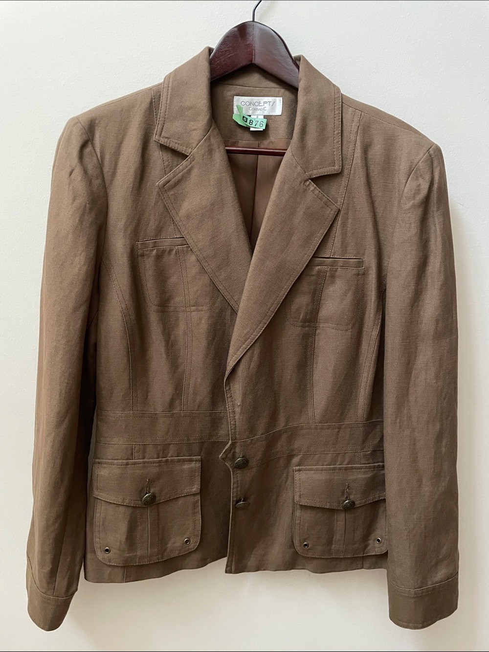 Vintage Brown Casual Linen Blend Safari Style Blazer Jacket
